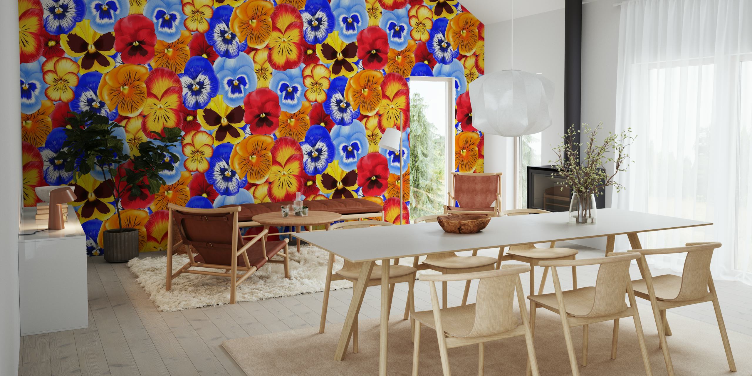 Vibrant pansies wallpaper displayed in a room